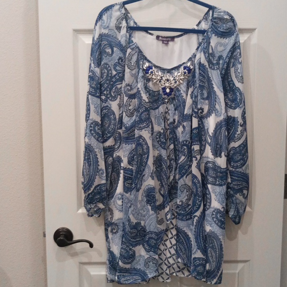 Roaman's Blue and White Paisley Blouse